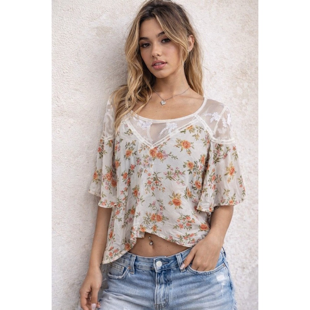 Forever 21 Sheer Floral Lace‎ Trim Blouse Cottagecore Fairy Top Medium